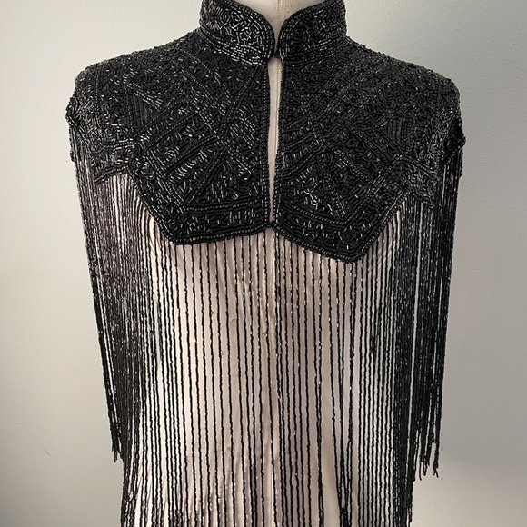 All Black Art Deco Hand Beaded Fringe Cape - Picture 3 of 3